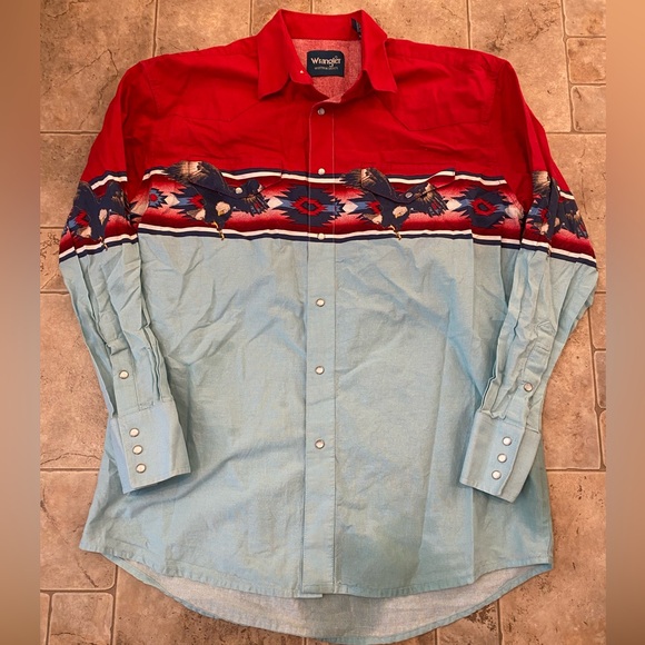 VTG Wrangler Pearlsnap Shirt Mens L Colorful Loud Western America Eagle Aztec - Picture 1 of 15